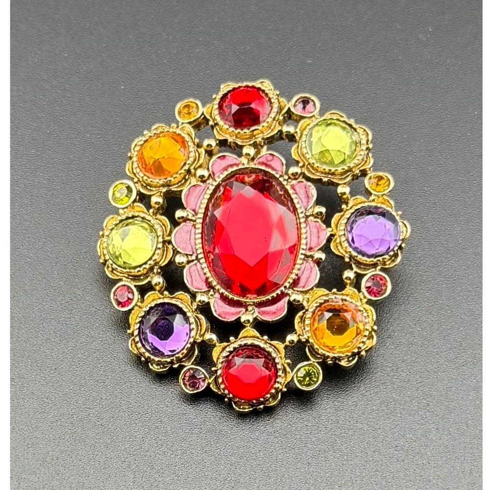 Premier Designs Treasure Brooch Pendant Multi Color Rhinestone Gold Tone Ornate - Picture 2 of 8
